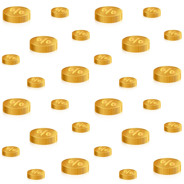 goldene isometrische Münzen mit Prozent auf Weiß. Vektor nahtloses Muster. - Vektor, Bild
