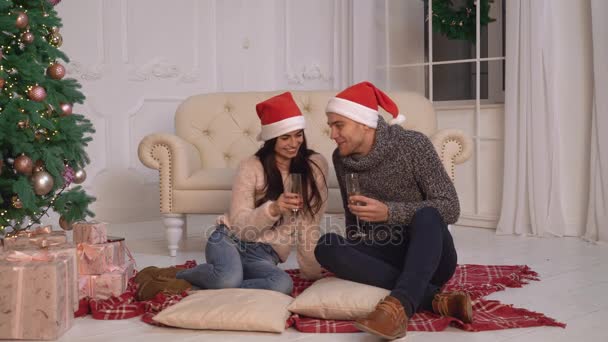 Woman and man cheers wine at winter holiday. - Metraje, vídeo