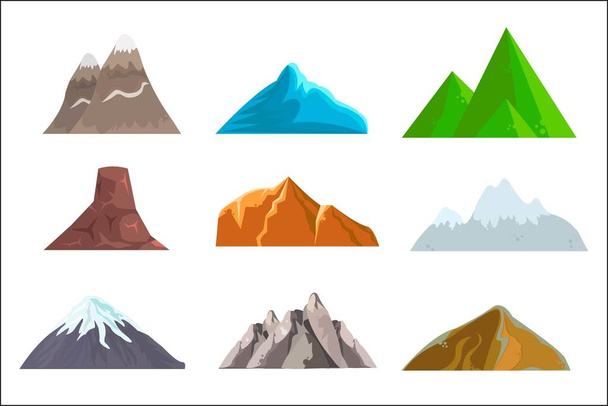 Cartoon hills and mountains set, vector isolated landscape elements for web or game design. Vector illustration. White background. - Vector, Image