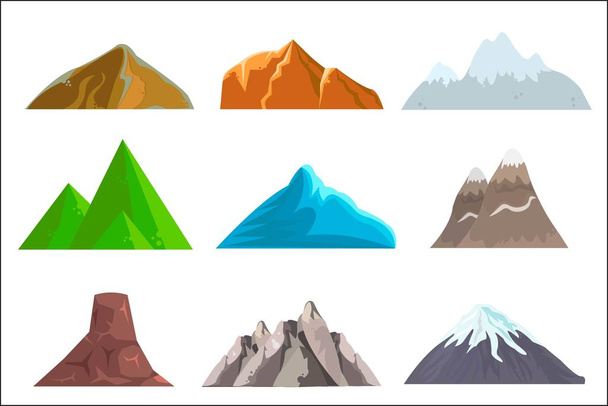 Cartoon hills and mountains set, vector isolated landscape elements for web or game design. Vector illustration. White background. - Vector, Image