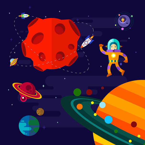 Space, spaceship, astronaut, and planets. - Vector, Image