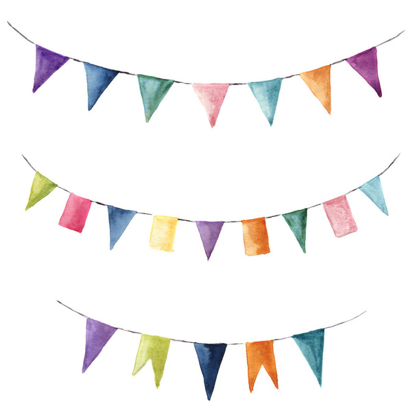 Ακουαρέλα φωτεινό χρώμα σετ με σημαίες γιρλάντες. Πάρτι, παιδικά πάρτι ή γάμο στοιχεία décor που απομονώνονται σε λευκό φόντο. Σχέδιο, εκτυπώσεις ή φόντο - Φωτογραφία, εικόνα
