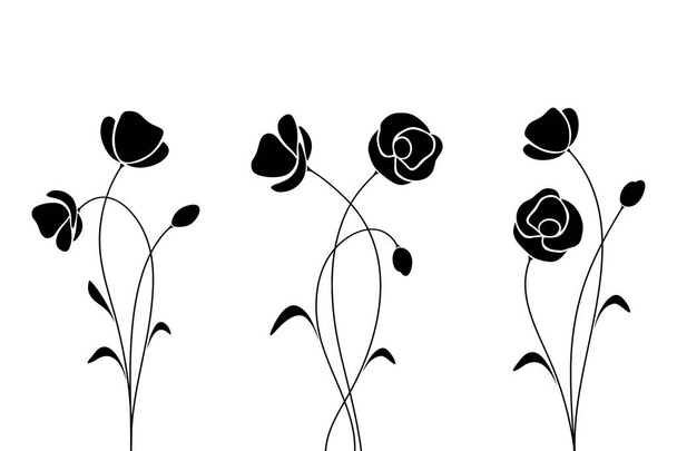 Black silhouettes of flowers. Vector illustration. - Vector, Image