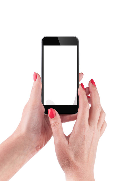 weibliche Hand hält und berührt ein Smartphone isoliert auf weiß  - Foto, Bild