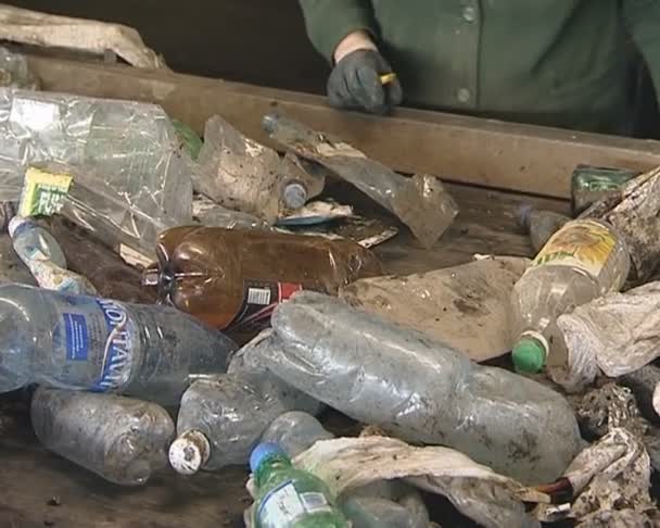 Recycling. Haustierflaschen fahren Rolltreppe hinunter und Mann sortiert sie. - Filmmaterial, Video