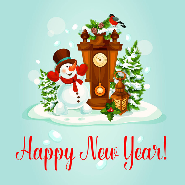 Tarjeta de felicitación de Año Nuevo con muñeco de nieve y reloj
 - Vector, imagen