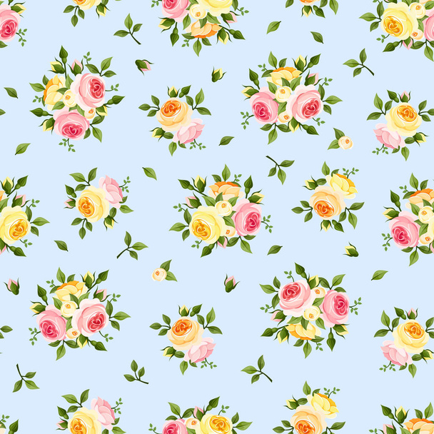 Seamless pattern with pink, orange and yellow roses on blue. Vector illustration. - Vector, Imagen