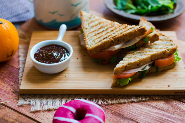 Top view of Healthy Sandwich, on a wooden background  - Zdjęcie, obraz