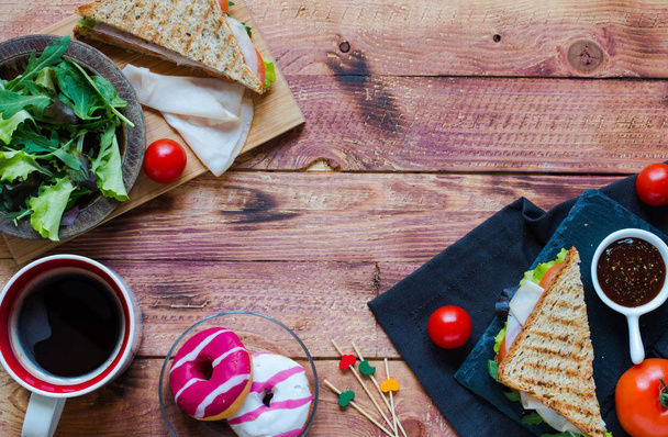 Top view of Healthy Sandwich, on a wooden background  - Foto, afbeelding