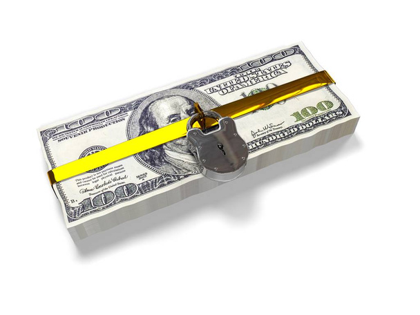 isolated on a white background pack dollars closed lock, the concept of the safe storage  funds, 3d render - Photo, image
