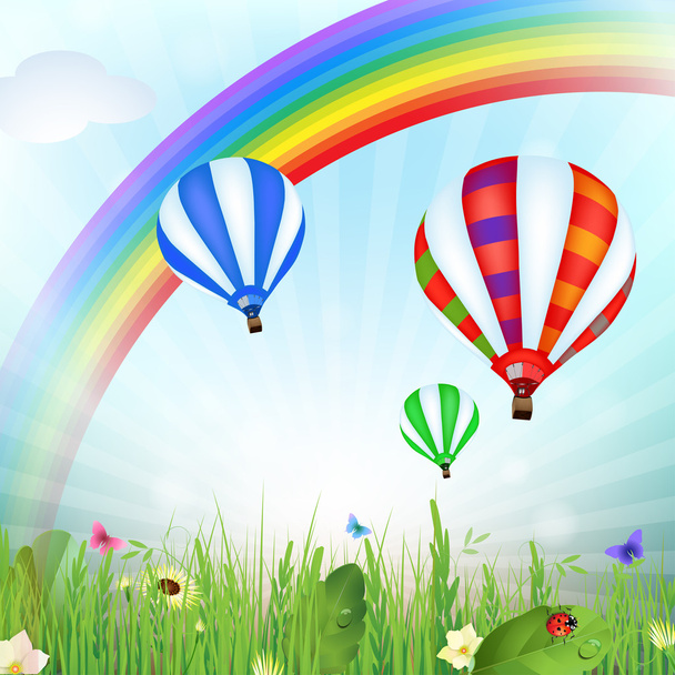 Spring landscape with hot air balloons - Vector, Imagen