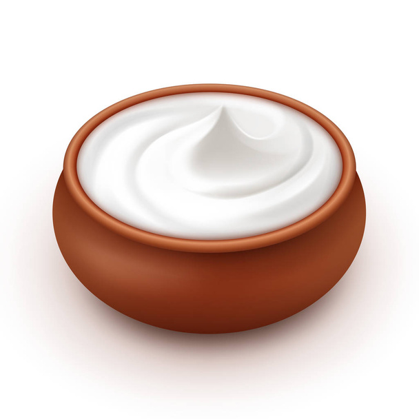 Pote de cerâmica de molho de creme de leite maionese sorvete isolado em fundo branco
 - Vetor, Imagem