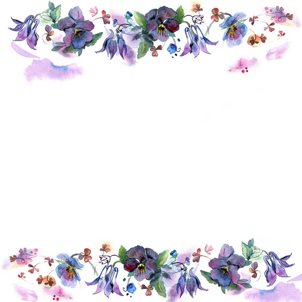 Cute watercolor flower frame. Background with watercolor bells and pansies.  - Photo, Image
