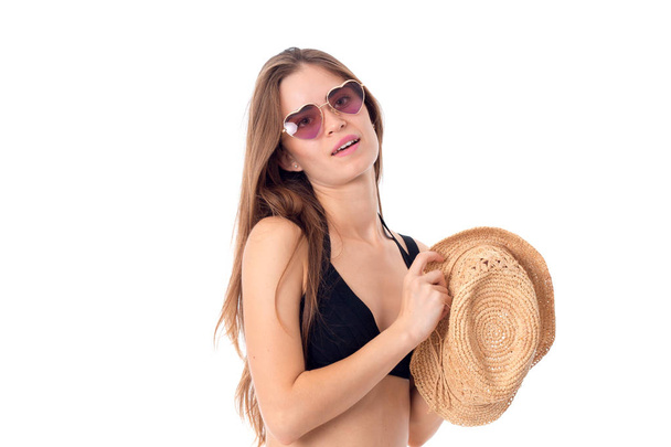 sexy girl in sunglasses and straw - Foto, afbeelding