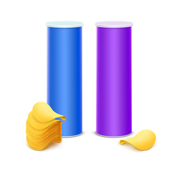 Vector instellen van blauw paarse Tin vak Container buis voor pakketontwerp met Stack van aardappel krokant Chips close-up geïsoleerd op achtergrond - Vector, afbeelding