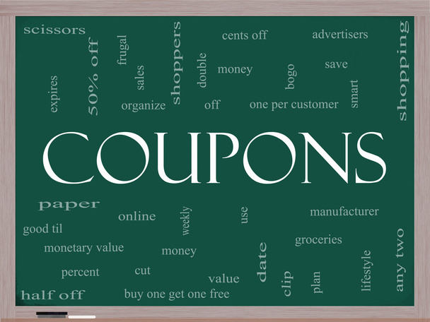 Coupons Word Cloud Concept on a Blackboard - Photo, Image