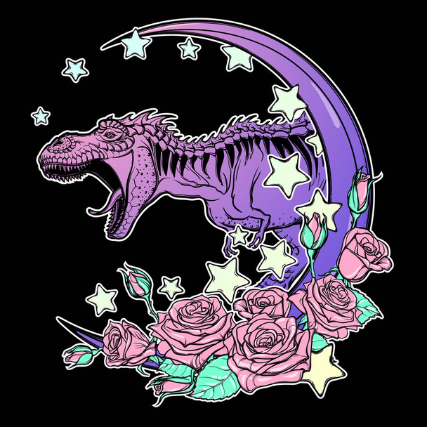Tyrannosaurus roaring with moon and roses frame isolated on black - Vector, Image