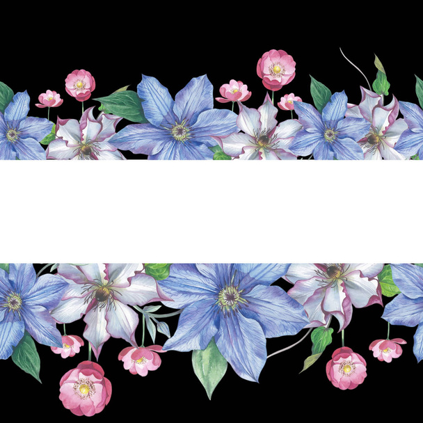 Wildflower clematis flower frame in a watercolor style isolated. - Foto, Imagem
