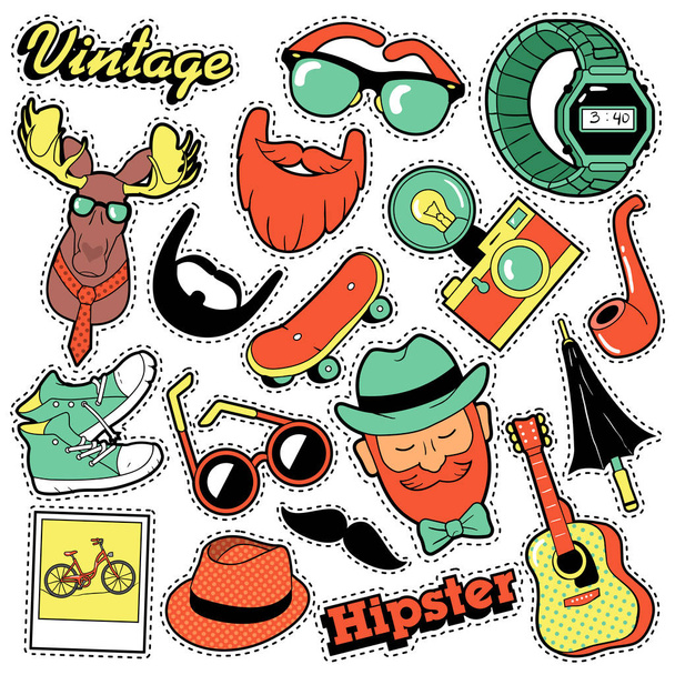 Hipster-Vintage-Mode-Aufkleber, Aufnäher, Abzeichen mit Bärten, Schnurrbart und Hirsch. Vektor-Doodle im Comic-Stil - Vektor, Bild