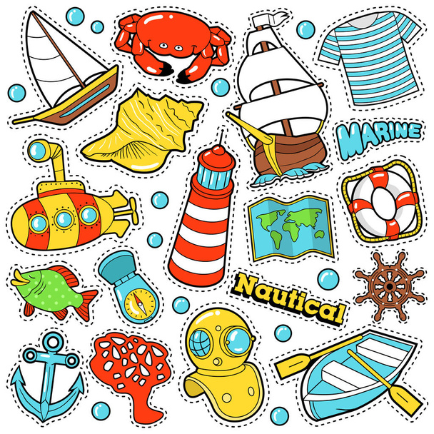 Pegatinas de la vida marina náutica, insignias, parches para grabados y textiles con barcos y elementos marinos. Vector Doodle en estilo cómico
 - Vector, imagen