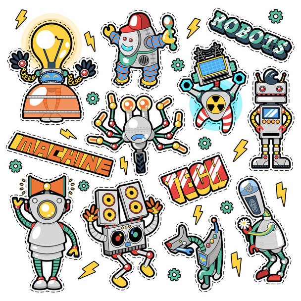 Robotit ja koneet Tarrat, Merkit, laastarit asetettu Retro Comic Style for Prints and Textile. Vectordoodle
 - Vektori, kuva