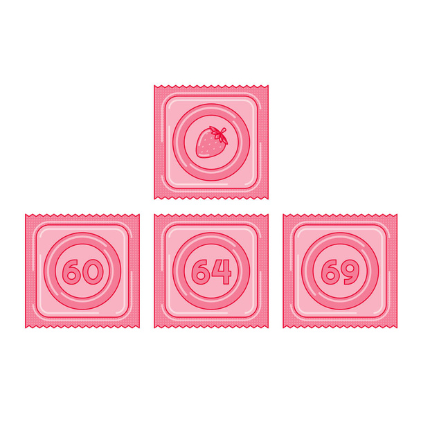 Суничний ароматизований презерватив в упаковці розміром 60, 64 і 69 ілюстрації
 - Вектор, зображення