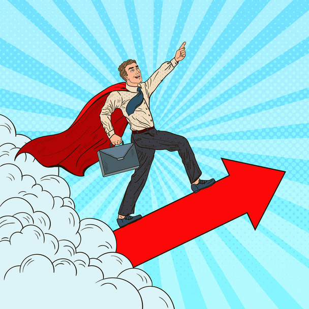 Pop-Art-Held Superunternehmer fliegt durch die Wolken. Führungsstärke bei der Geschäftsmotivation. Vektorillustration - Vektor, Bild