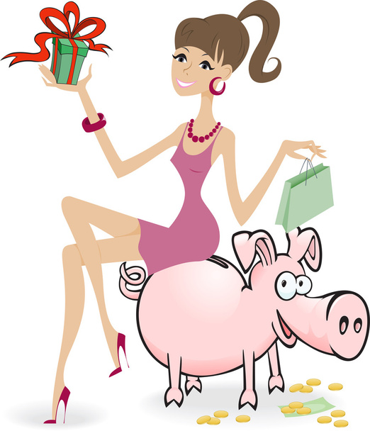 Girl on the piggy bank - Vector, Image