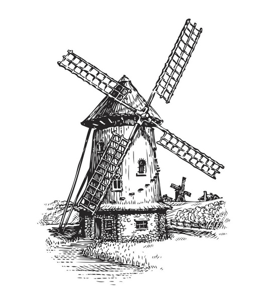 Windmill. Hand drawn vintage sketch vector illustration - Вектор,изображение