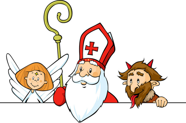 Saint Nicholas, devil and angel peeking out behind white surface - vector illustration - Vetor, Imagem