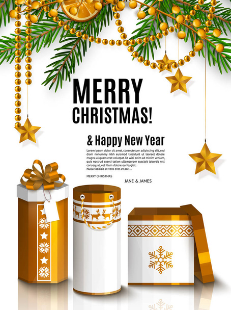 Carte de Noël avec boîtes-cadeaux enveloppées d'or. Guirlande en branches de sapin, cannelle et orange. Vecteur
. - Vecteur, image