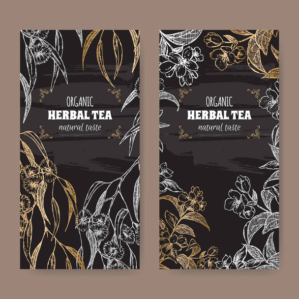 Two labels for eucalyptus and jasmine tea on black background. - Vector, imagen