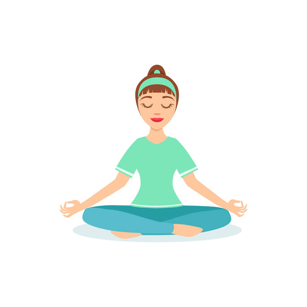 Lotus PAdmasana Yoga Pose Demonstrated By The Girl Cartoon Yogi With Ponytail In Blue Sportive Clothing Vector Illustration - Vector, Image