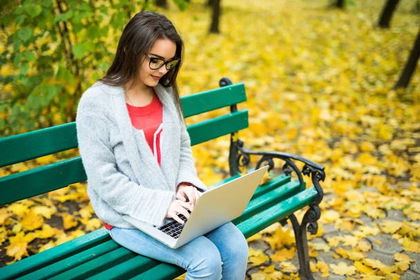 girl students  working on laptop in autumn park - Photo, image
