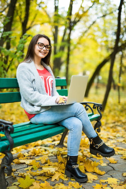  girl students  working on laptop in autumn park - Foto, afbeelding