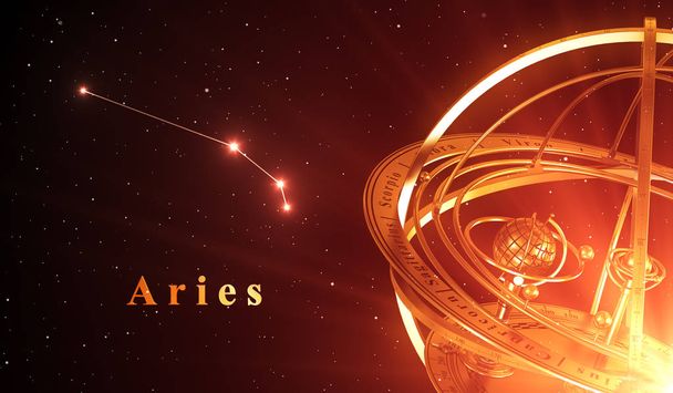 Áries de constelação do zodíaco e esfera armilar sobre fundo vermelho
 - Foto, Imagem