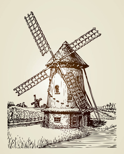 Windmill, mill or bakery. Vintage hand drawn illustration - Вектор,изображение