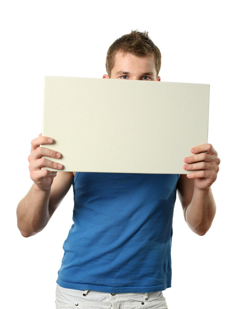 Young Man with Copy Space Blank Billboard - Foto, Imagem