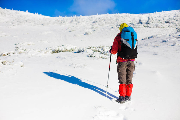 Дівчина з рюкзаком, що йде на снігу в горах
. - Фото, зображення