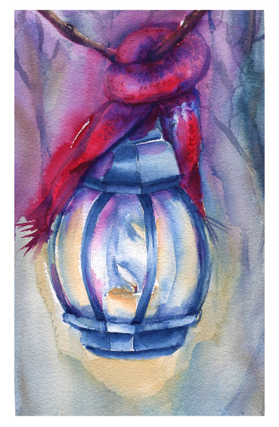 Postkarte frohes neues Jahr. eine Lampe mit einem Schal. Hintergrund Aquarell-Illustration. - Foto, Bild