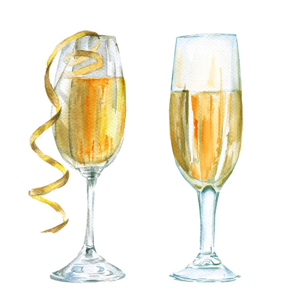 Glass of champagne. Insulated. Watercolor sketch. - Photo, Image