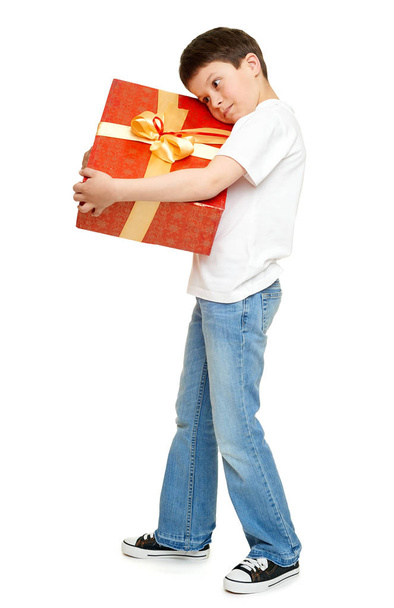 child boy with box gift isolated on white background, holiday concept - Foto, Bild