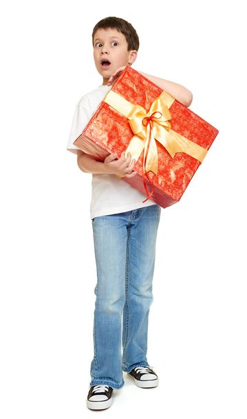 child boy with box gift isolated on white background, holiday concept - Фото, изображение