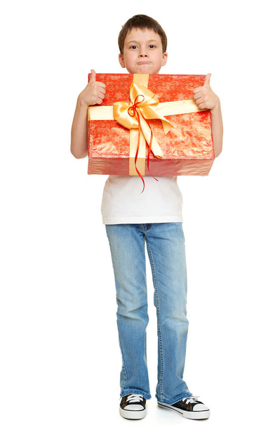 child boy with box gift isolated on white background, holiday concept - 写真・画像