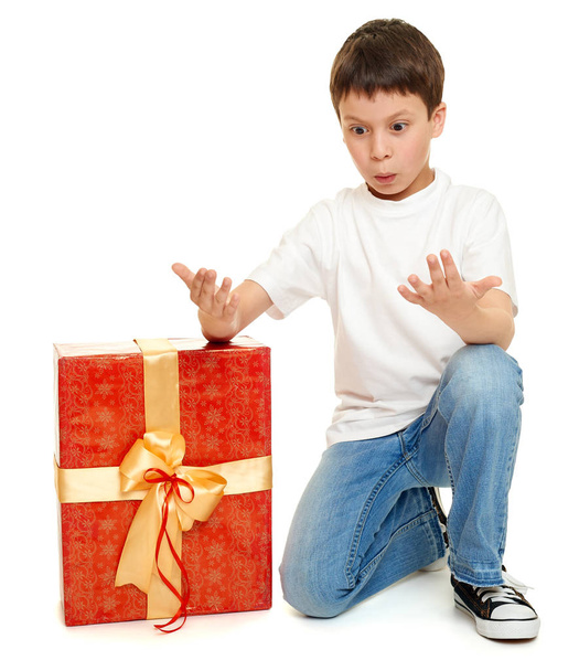 child boy with box gift isolated on white background, holiday concept - Foto, Bild