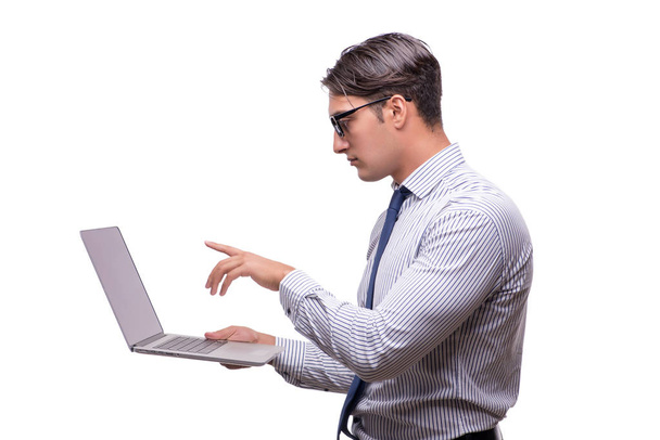Hombre de negocios guapo trabajando con ordenador portátil aislado en wh
 - Foto, imagen