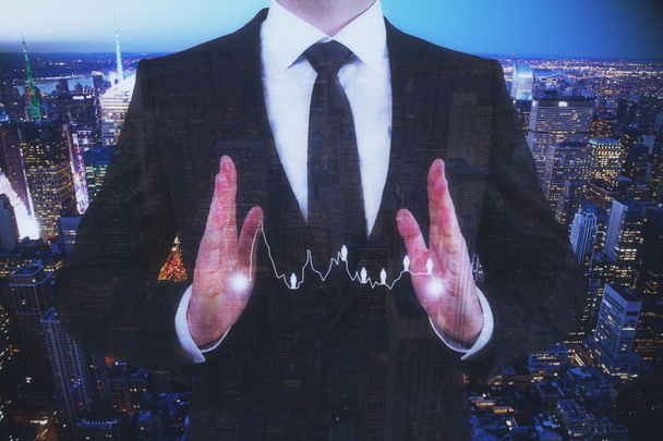Businessman holding abstract chart with people icons on city background. HR concept. Double exposure - Foto, immagini