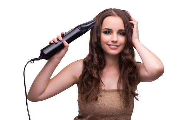 Young beautiful woman with hair dryer isolated on white - Valokuva, kuva