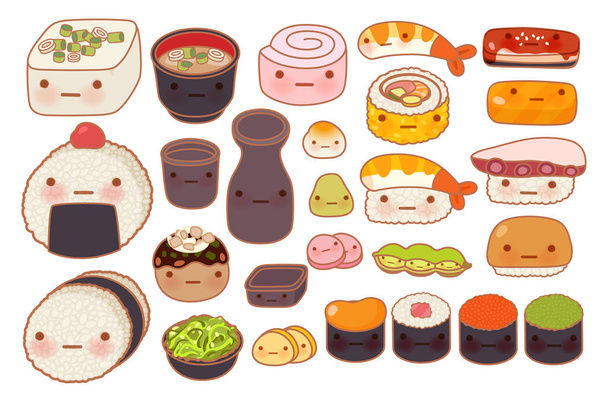 Collection of lovely baby japanese oriental food doodle icon, cu - Vector, Image