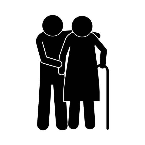 pictogram bejaarde echtpaar met wandelstok - Vector, afbeelding